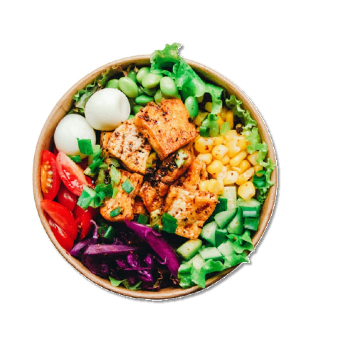 Poke Bowl of salad with chicken, eggs and vegetables